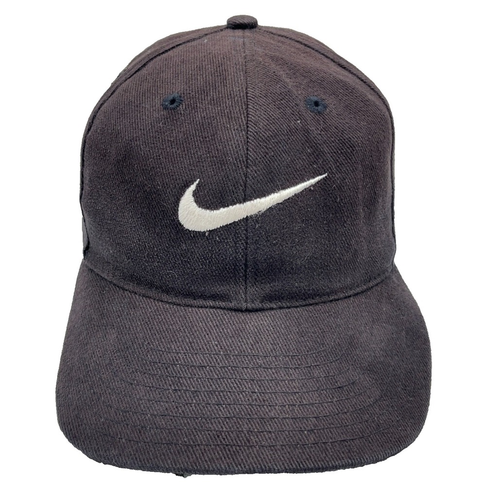 Vintage Nike Hat Cap Snap Back Black Center Swoosh Script 80s 90s Worn Sun Faded